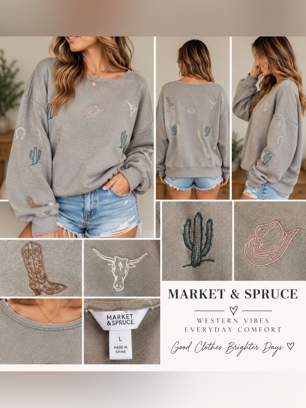 Market & Spruce Taupe Western Embroidered Sweatshirt - Picture 1 of 8